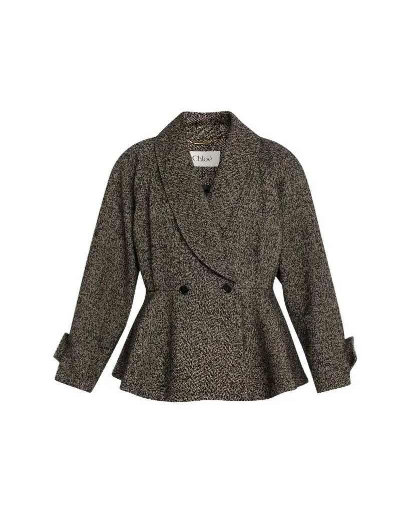 Chloe Double-Breasted Herringbone Oversized Peplum Coat