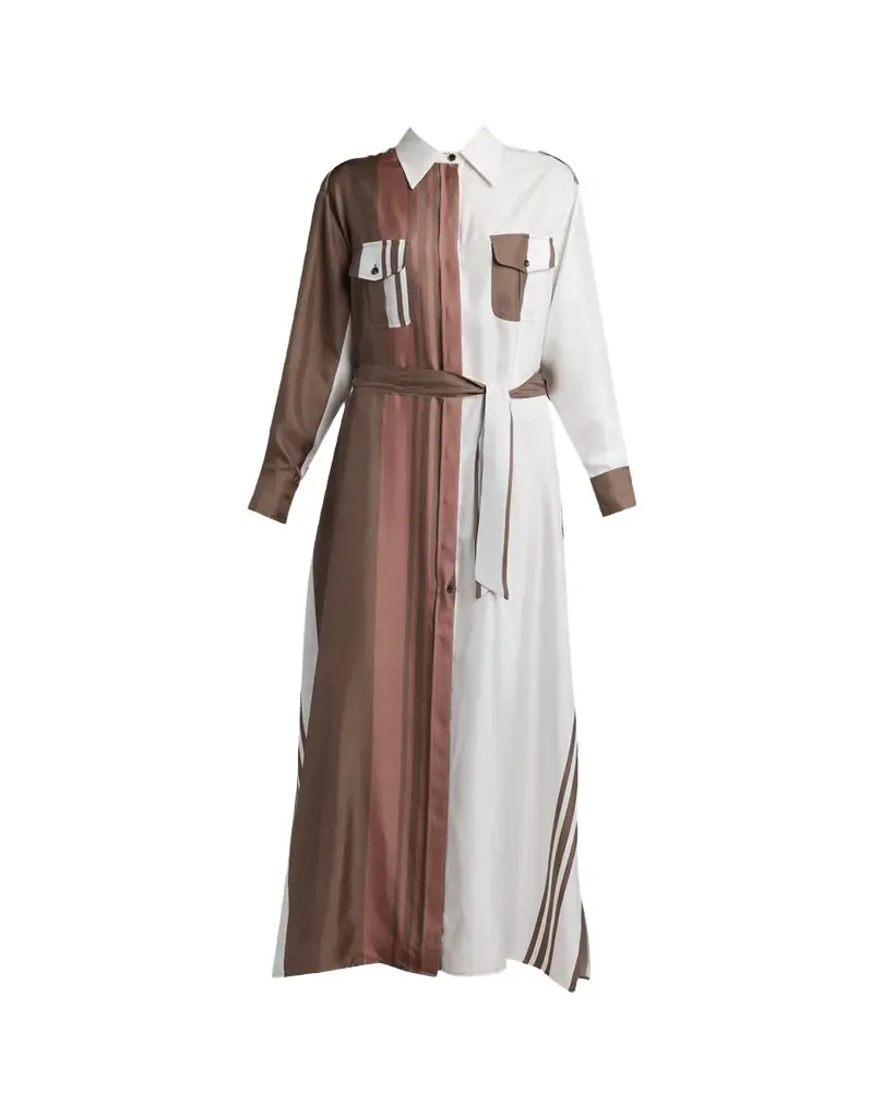 Kiton Striped Silk Belted Maxi Shirtdress