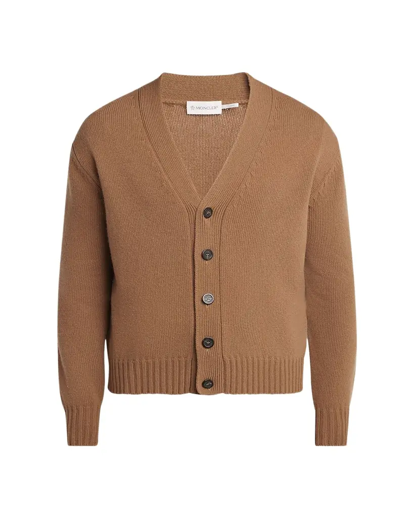 Moncler Men's Leather Logo Wool Knit Cardigan