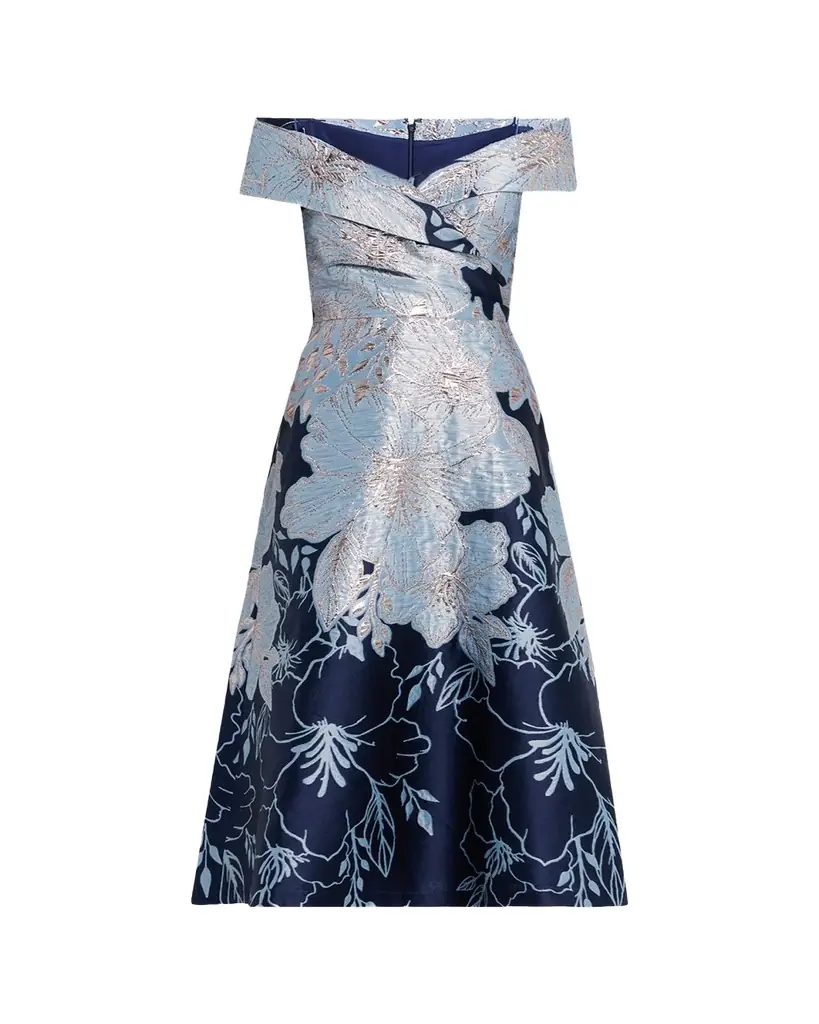 Rickie Freeman for Teri Jon Off-Shoulder Metallic Jacquard Midi Dress