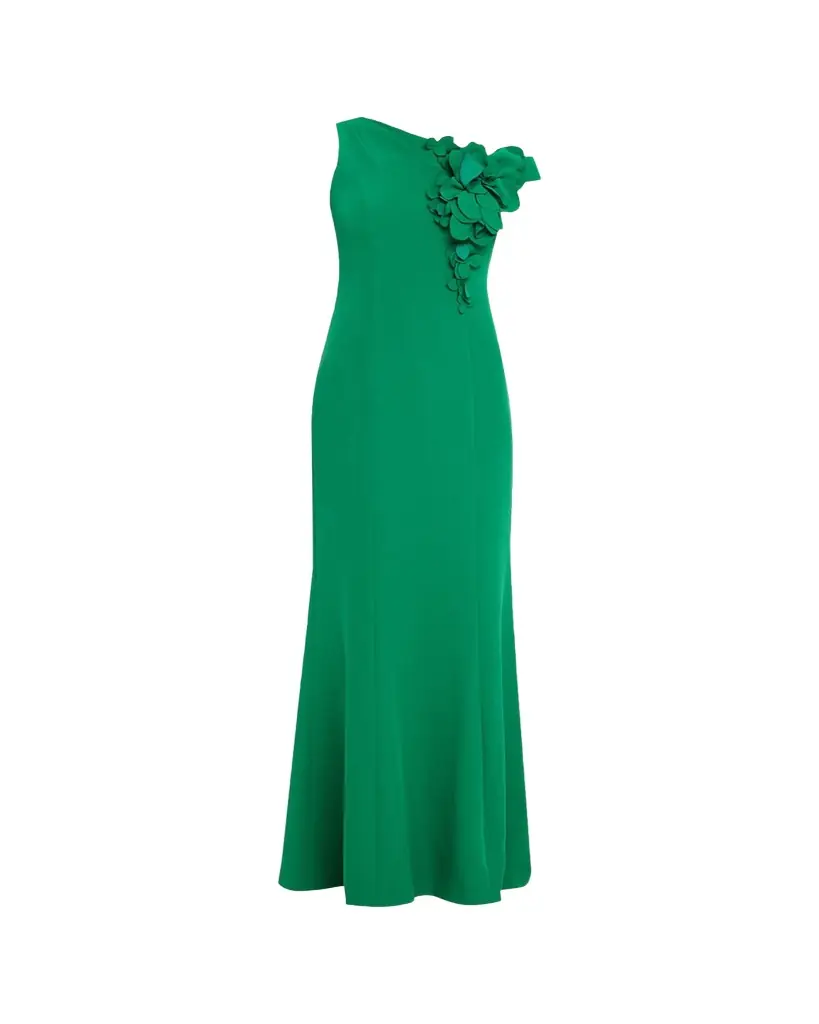 Rickie Freeman for Teri Jon One-Shoulder Floral Applique Stretch Crepe Gown