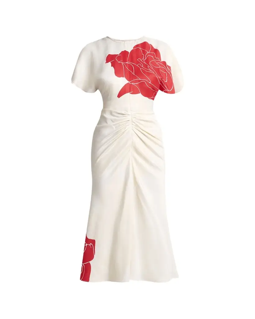 Victoria Beckham Ruched Floral-Print Viscose Midi Dress