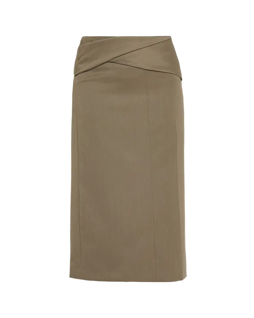 Victoria Beckham Wrap Waist Wool Twill Midi Skirt