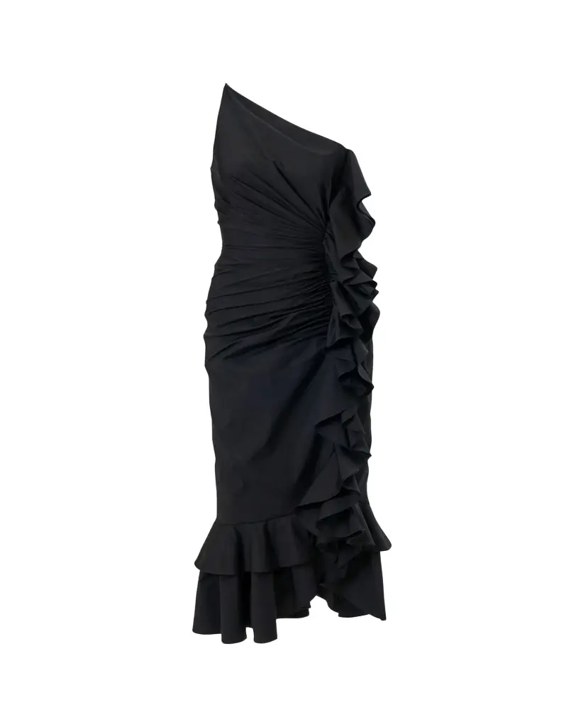 Carolina Herrera One-Shoulder Ruched Ruffle Midi Dress
