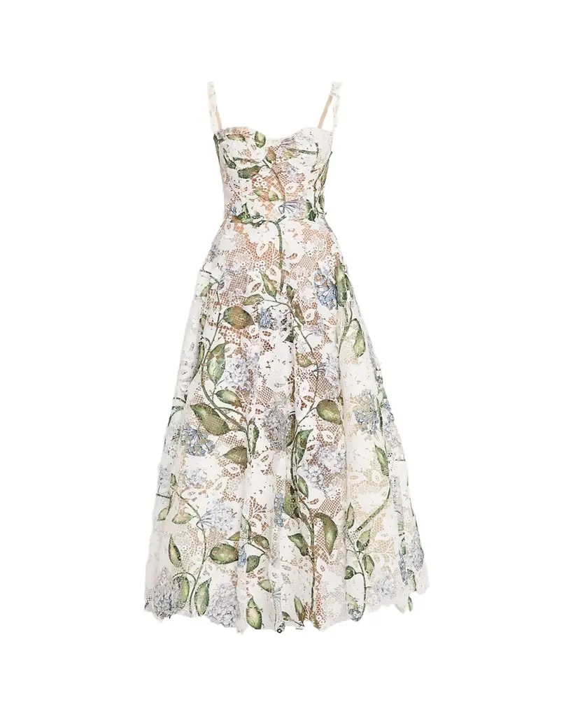 Oscar de la Renta Sleeveless Porcelain Flowers-Print Lace Maxi Dress