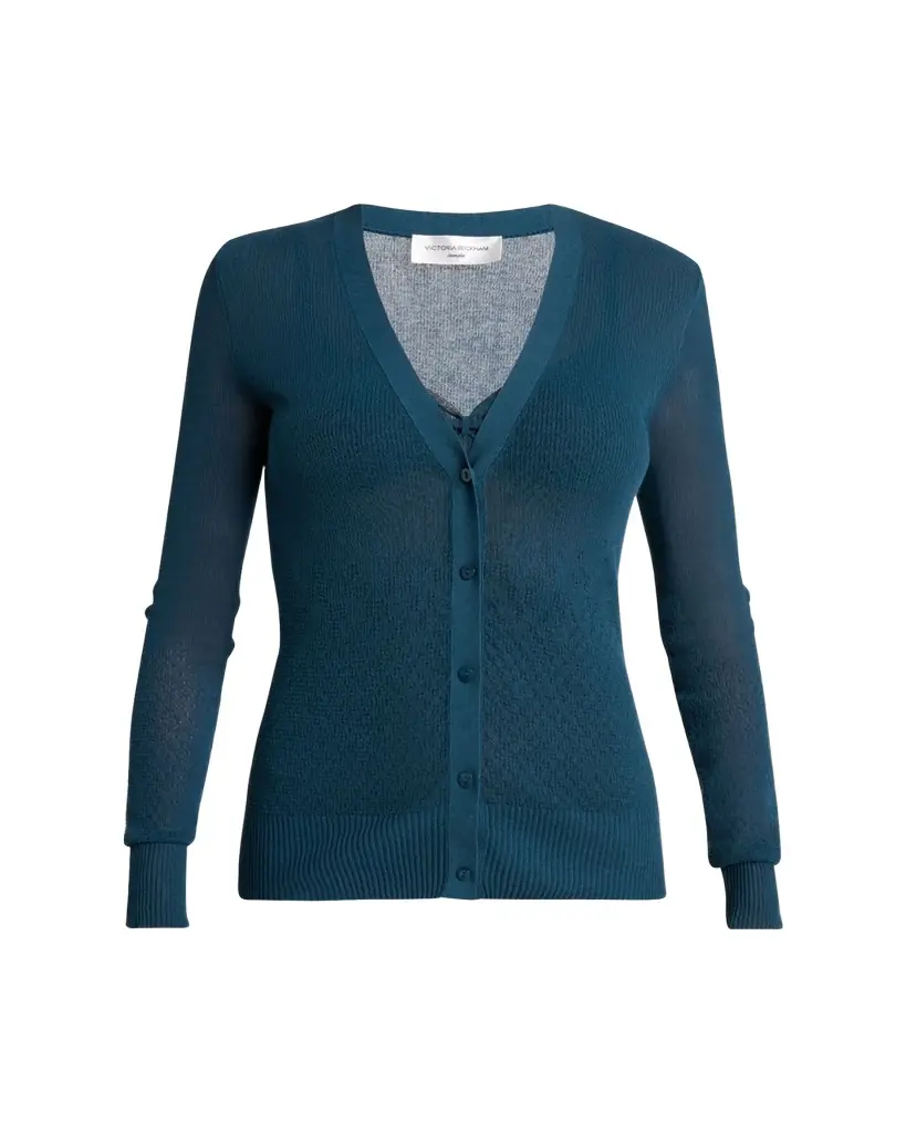 Victoria Beckham Sheer Pointelle Rib V-Neck Cardigan