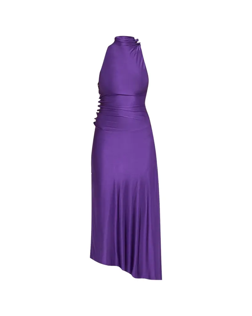 Rabanne Turtleneck Snap Draped Jersey Midi Dress