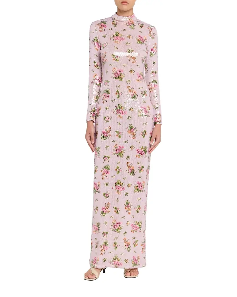Brandon Maxwell Sequined Floral Long-Sleeve Column Maxi Dress