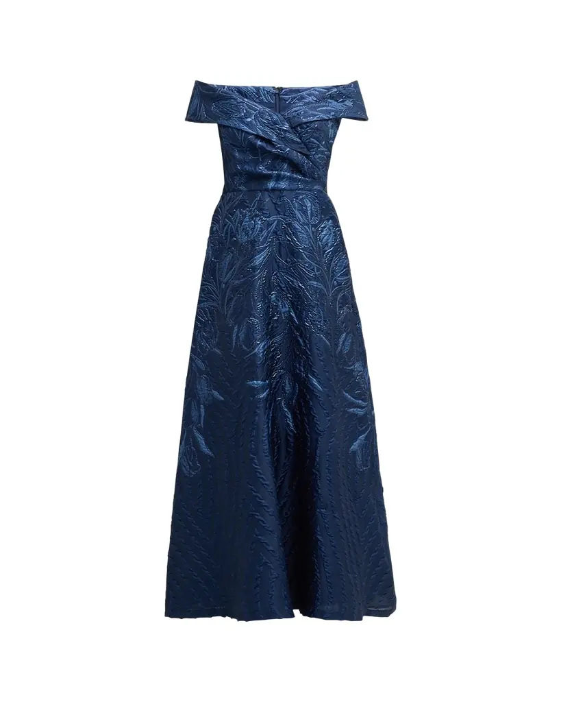 Rickie Freeman for Teri Jon Off-Shoulder Metallic Jacquard Gown