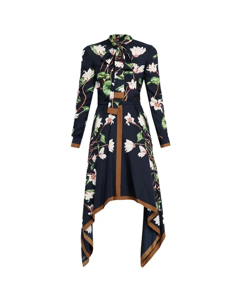 Oscar de la Renta Long-Sleeve Chine Cyclamen Silk Twill Handkerchief Dress