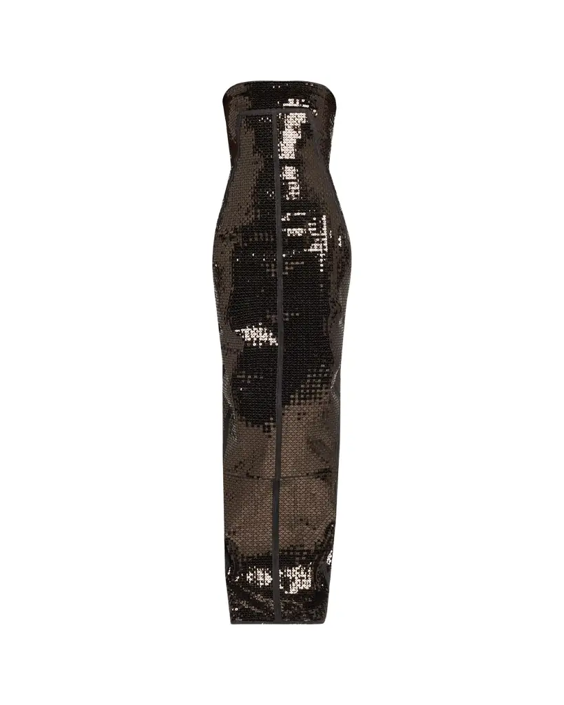 Rick Owens Strapless Sequined Denim Bustier Column Gown