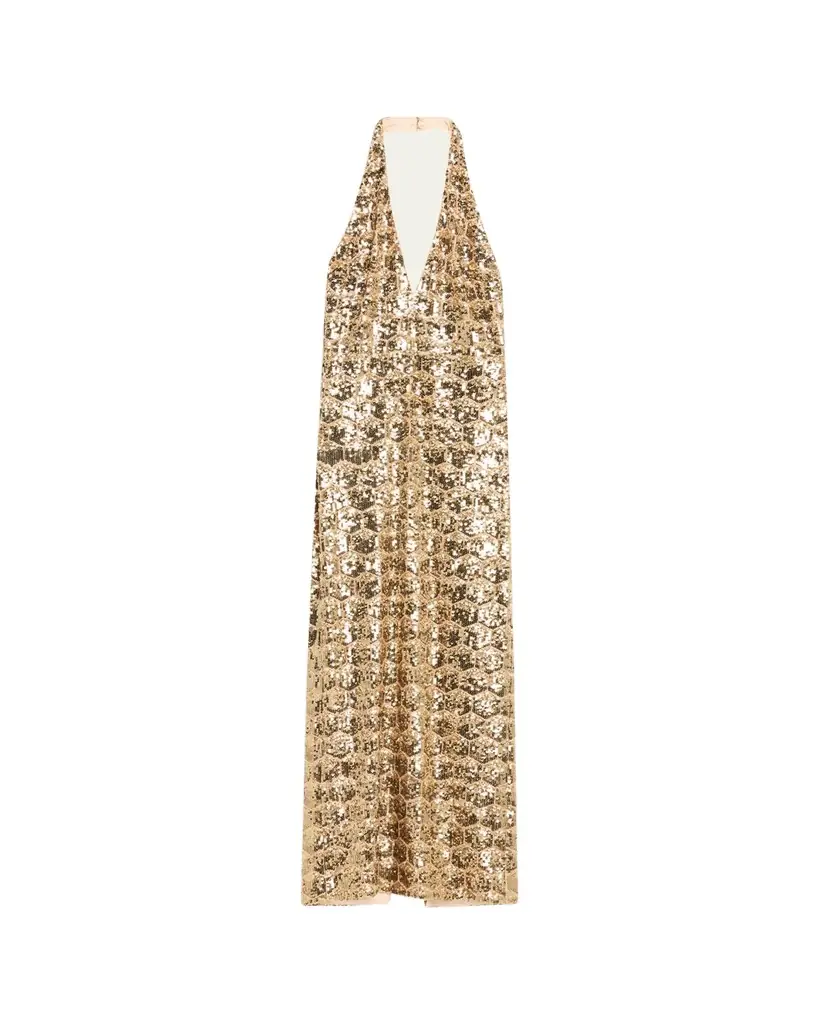 Ramy Brook Shauna Backless Geometric Sequin Halter Gown