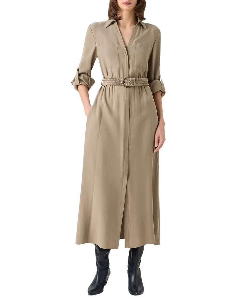 Akris punto Long-Sleeve Belted Viscose Twill Midi Shirtdress