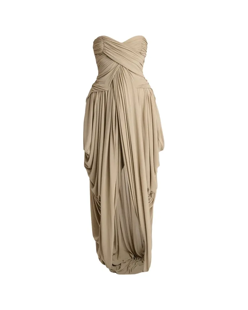Balmain Strapless Draped Slit Gown