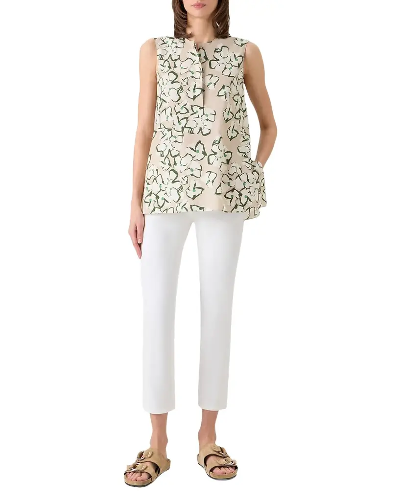 Akris punto Papercut Flower Print Cotton Poplin Sleeveless Tunic Blouse