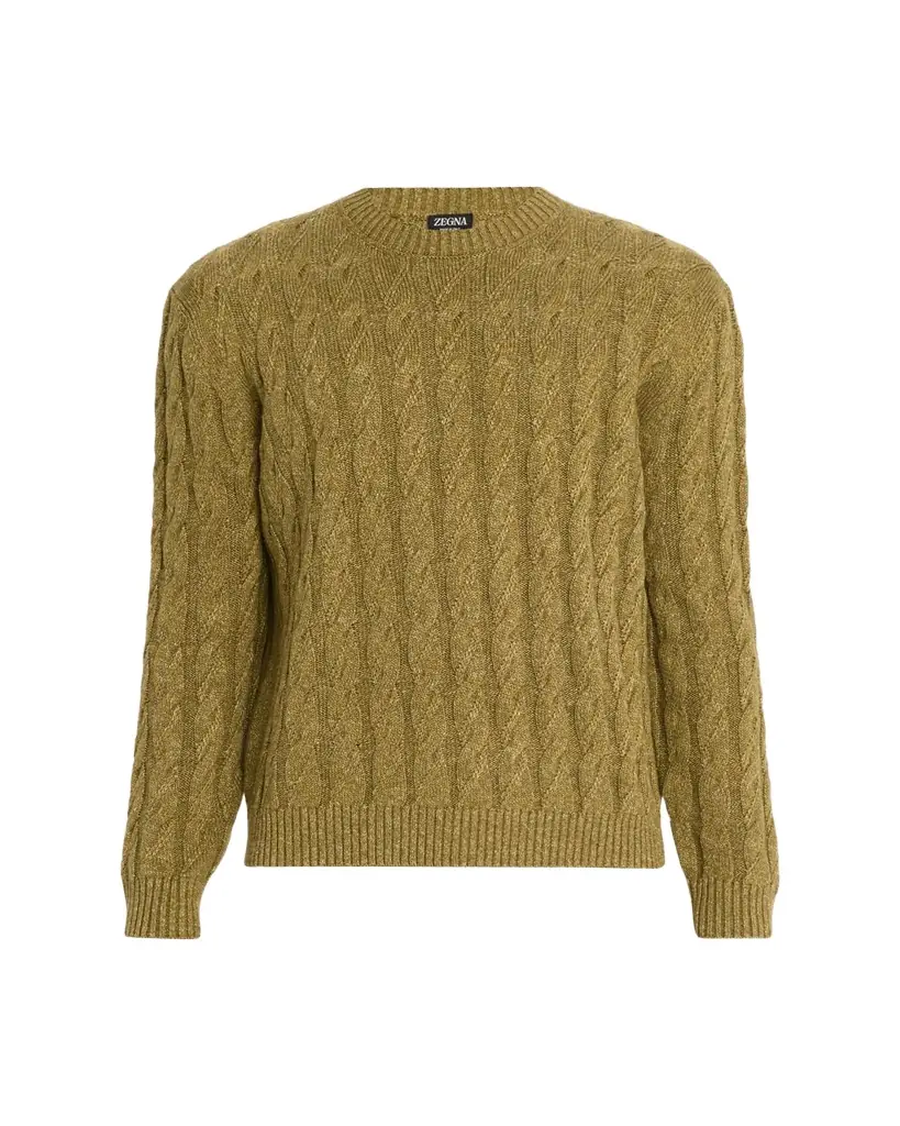 ZEGNA Men's Cable-Knit Melange Cashmere-Blend Crewneck Sweater
