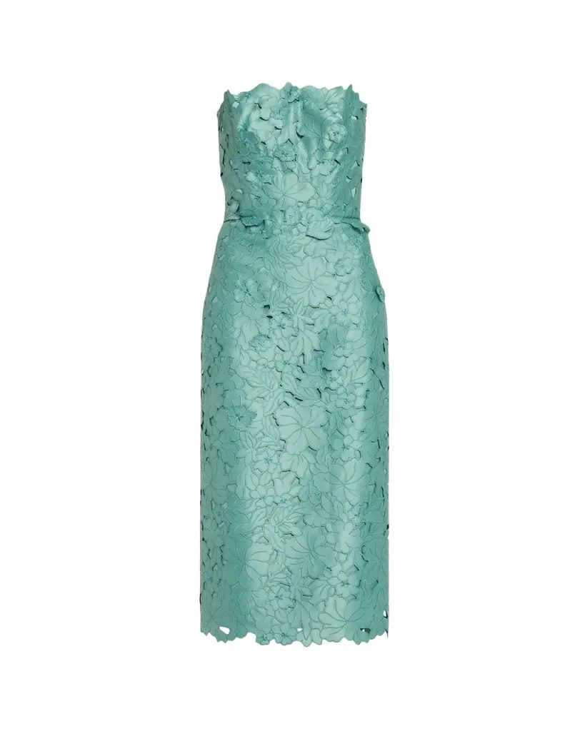 Costarellos Astelle Strapless Floral-Cut Lace Midi Pencil Dress