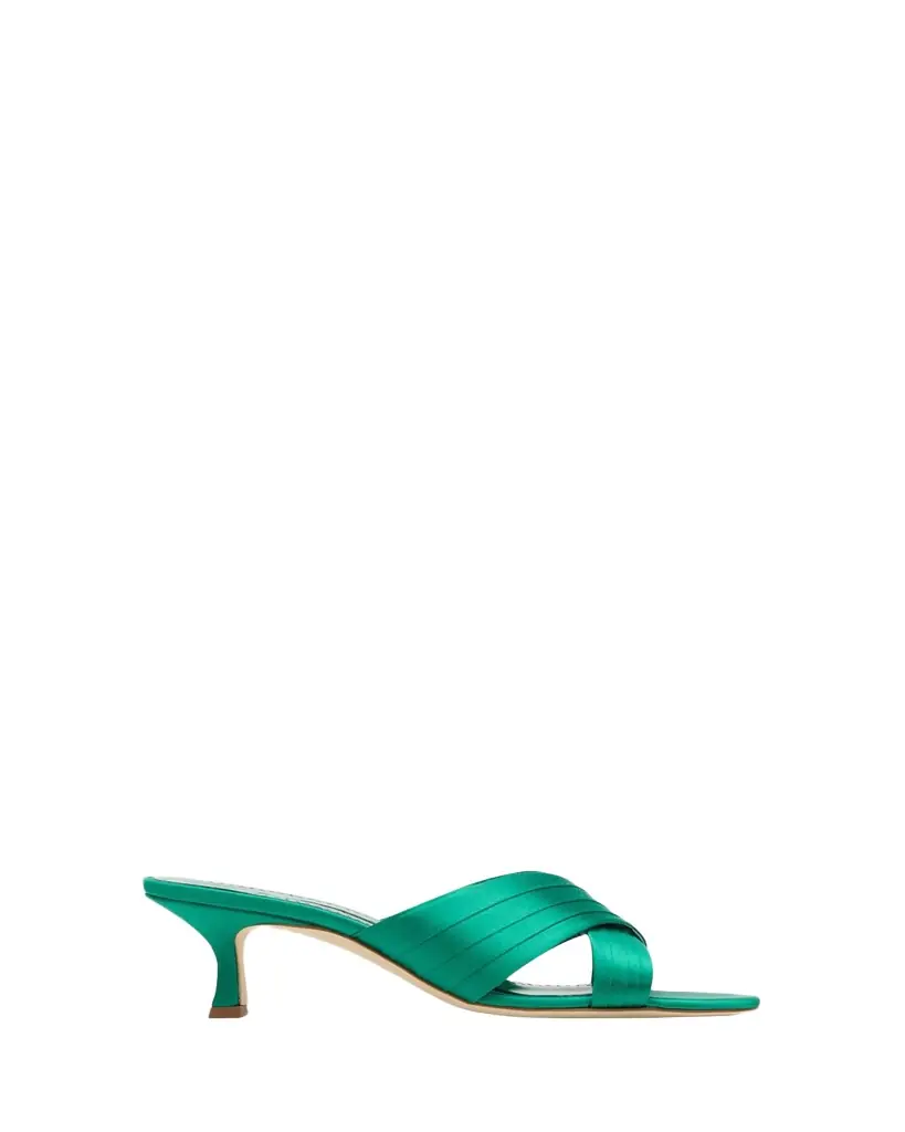 Manolo Blahnik Vieramul Pleated Satin Kitten-Heel Mule Sandals
