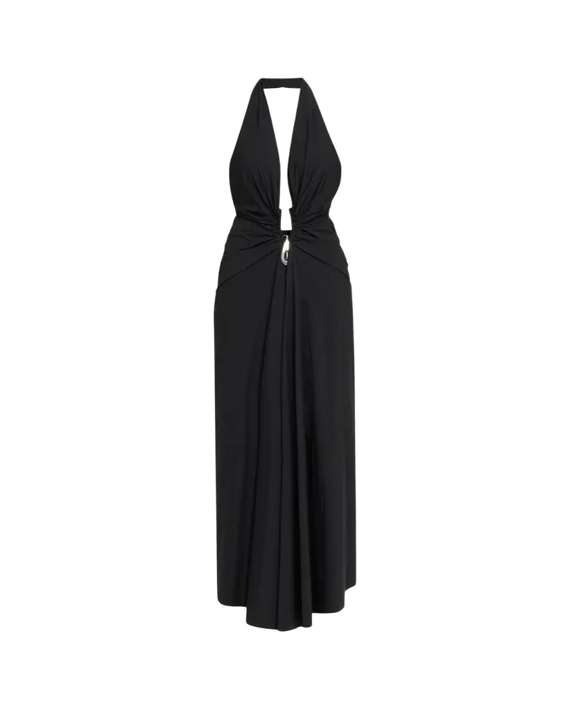 Christopher Esber Crystal Pendant Plunging Halter Maxi Dress