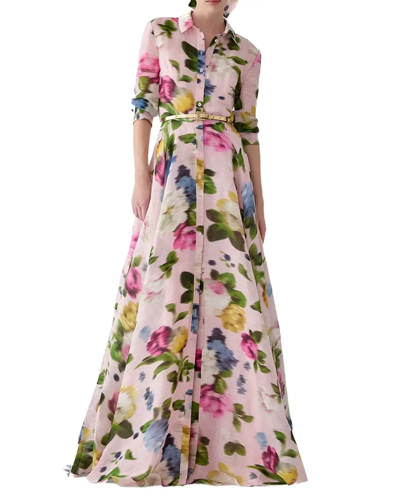 Carolina Herrera Floral Silk-Linen Belted Trench Gown