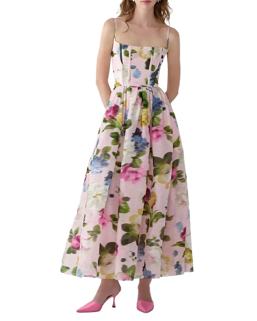 Carolina Herrera Floral Silk Faille Sleeveless Corset Midi Dress
