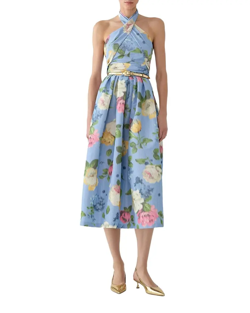 Carolina Herrera Floral Crisscross Halter Midi Dress