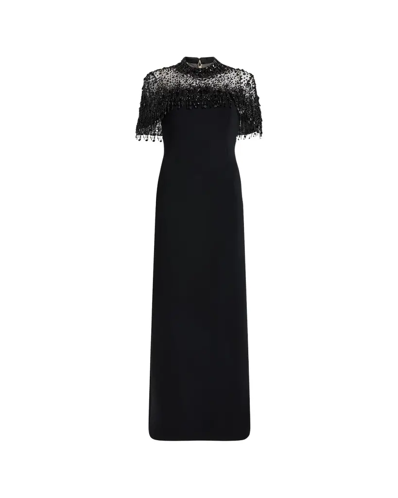 Jenny Packham Livia Crystal Fringe Capelet Column Gown