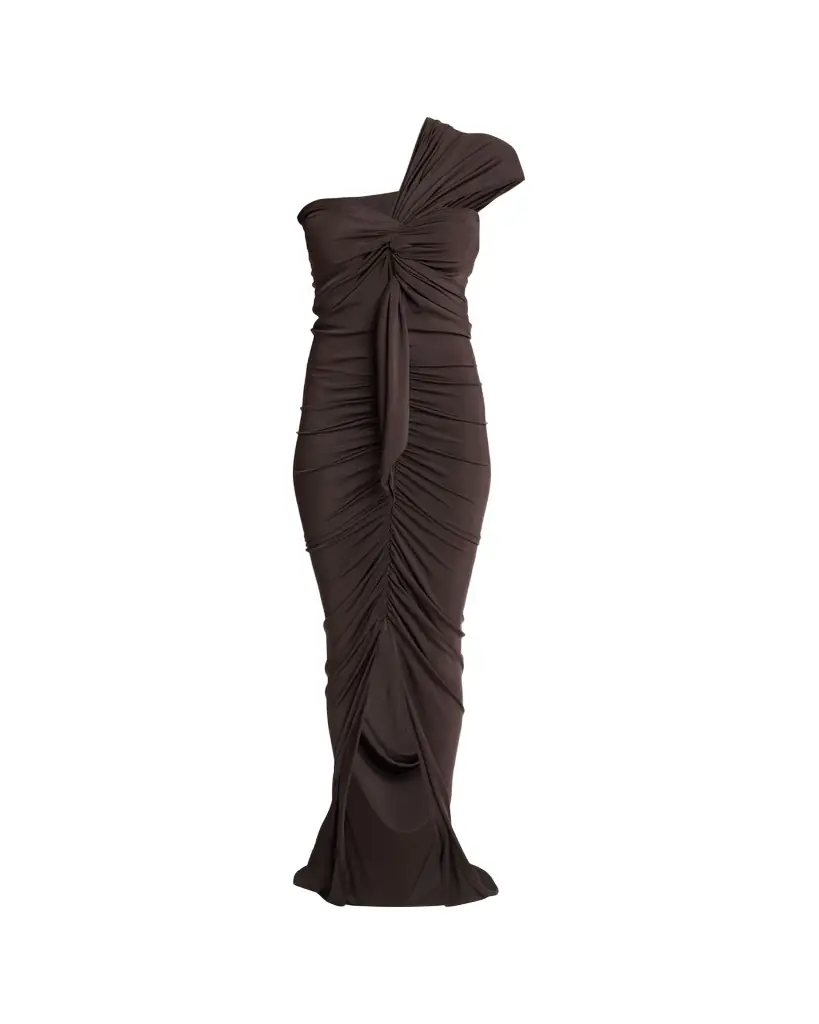 Balmain One-Shoulder Twisted Jersey Slit Gown