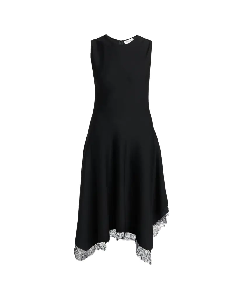 McQueen Sleeveless Lace-Trim Asymmetric Handkerchief Midi Dress