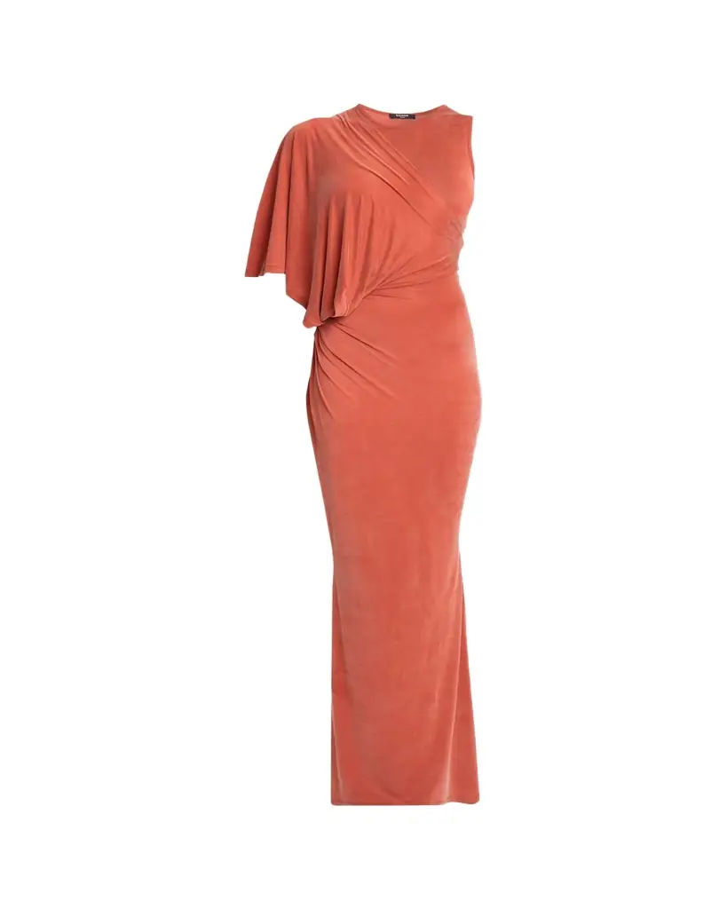 Balmain Asymmetric Draped Shoulder Gown