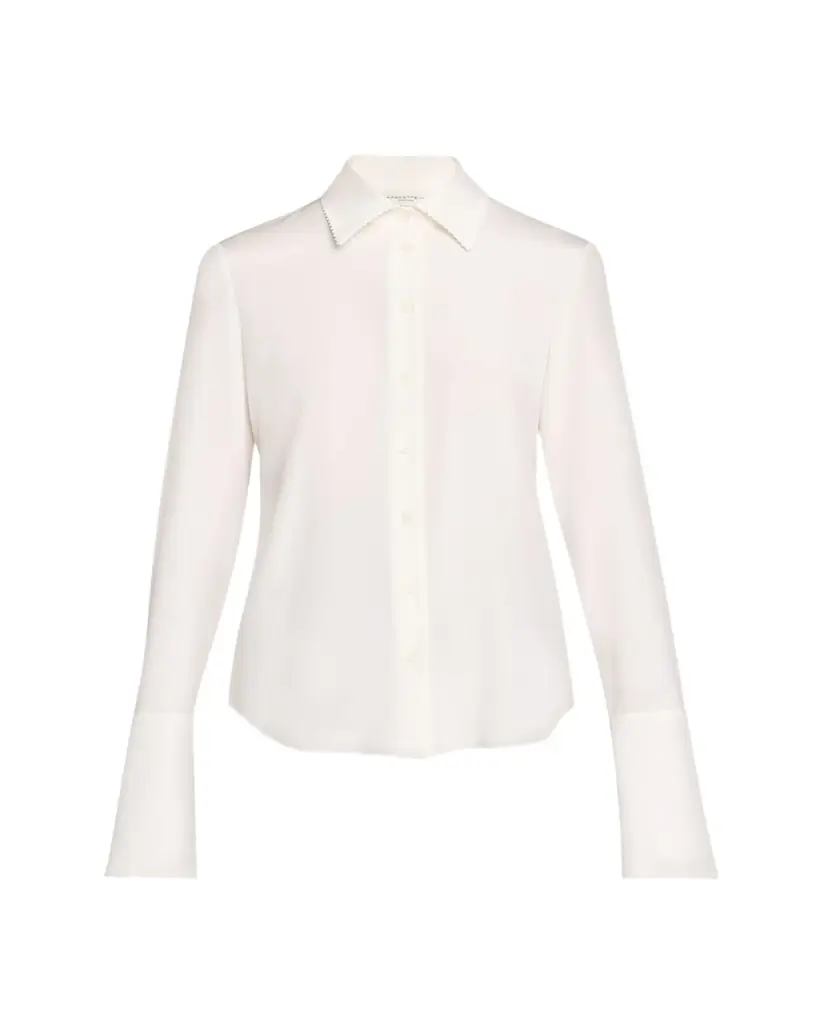 Lafayette 148 New York Lace-Trim Organic Silk Georgette Blouse