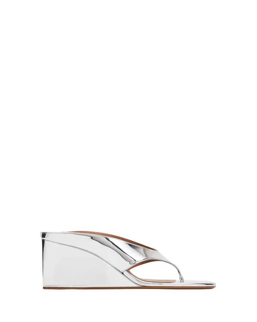 ALAIA 90mm Metallic Leather Wedge Thong Sandals