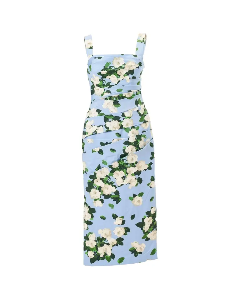 Carolina Herrera Draped Floral Cotton Sleeveless Midi Dress
