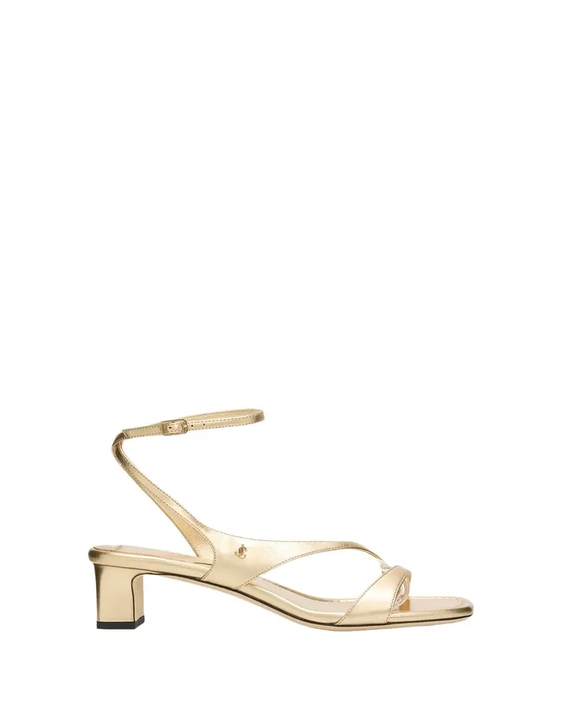 Jimmy Choo 45mm Faye Metallic Leather Asymmetric Ankle-Strap Sandals
