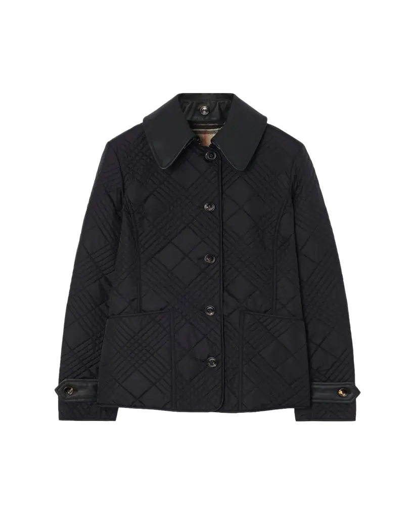Burberry Fernleigh Leather-Collar Check Quilted Jacket