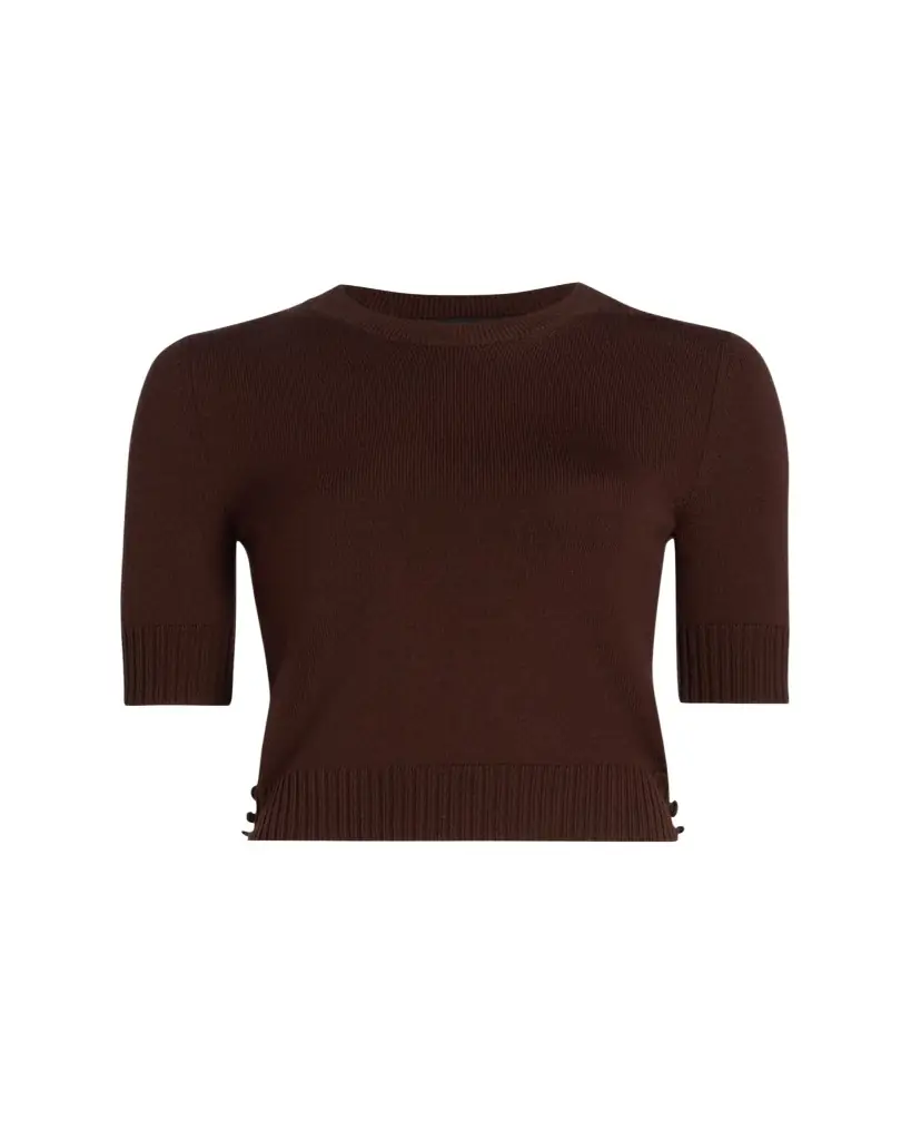 Oscar de la Renta Short-Sleeve Button-Side Crewneck Sweater