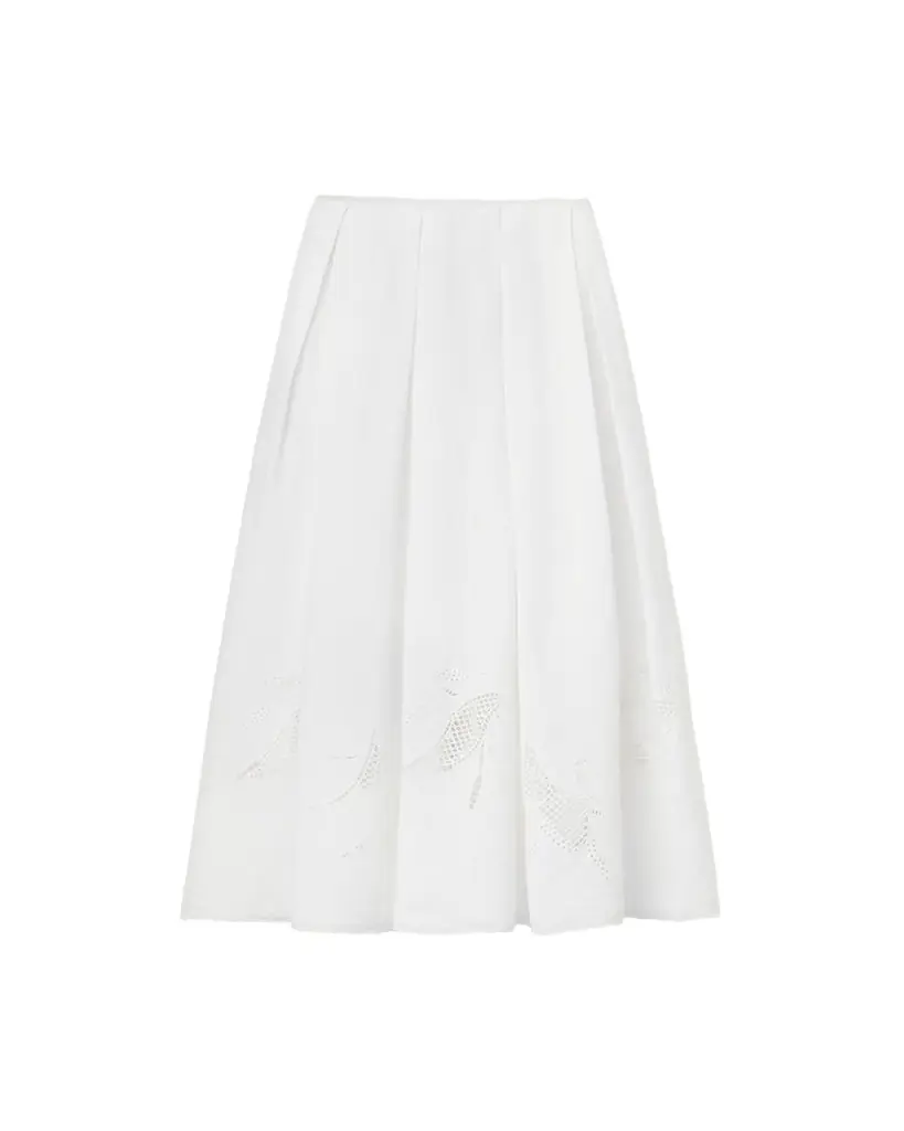Lafayette 148 New York Pleated Cutout Embroidered Linen Maxi Skirt