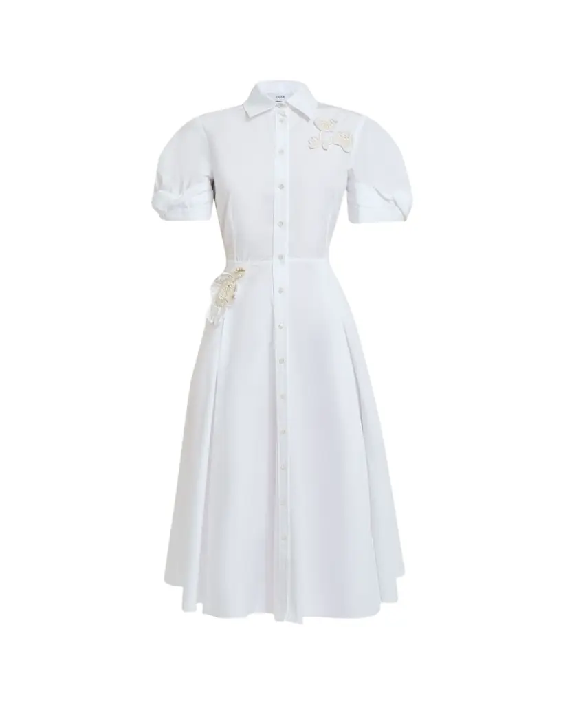Erdem Pleated Floral Applique Cotton Midi Shirtdress