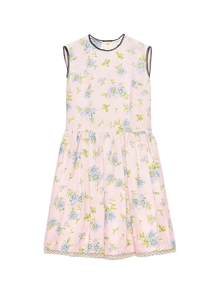 Prada Women's Pleated Floral Print Linen Dress - Pink