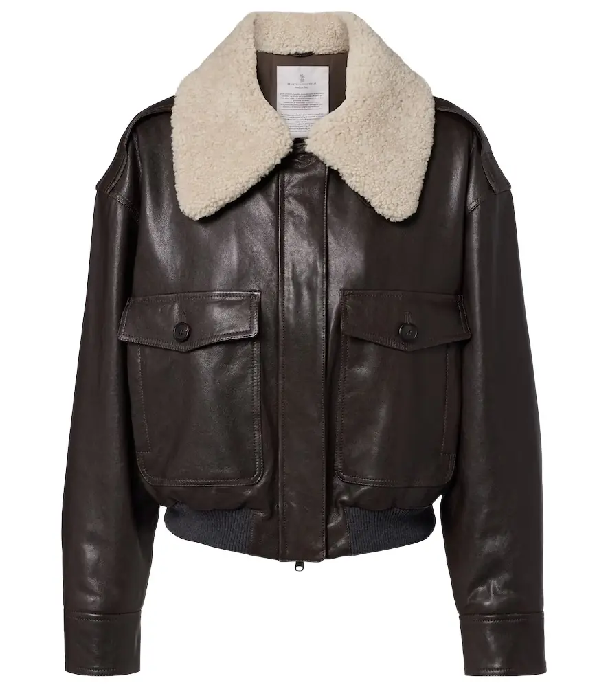Brunello Cucinelli Shearling-trimmed leather bomber jacket