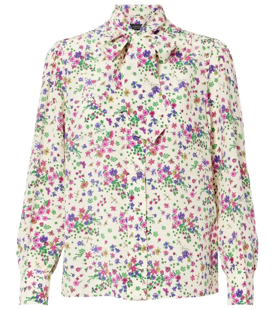 Floral tie-neck silk shirt