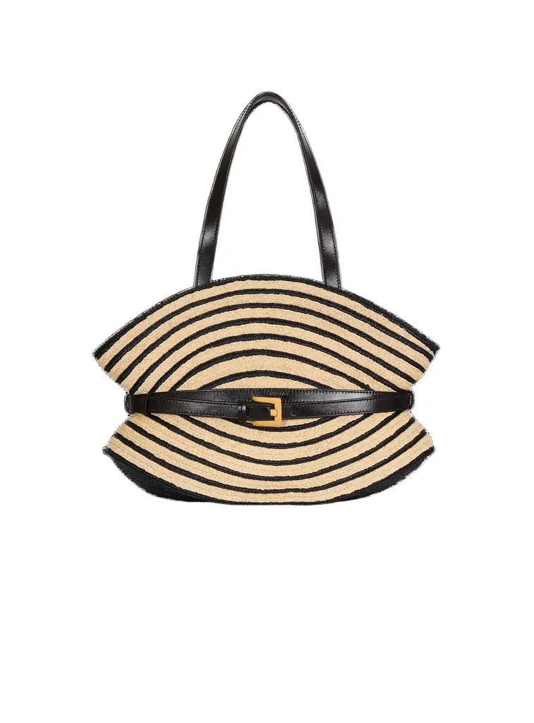Balmain Medium Shuffle bag in smooth leather and two-tone raffia