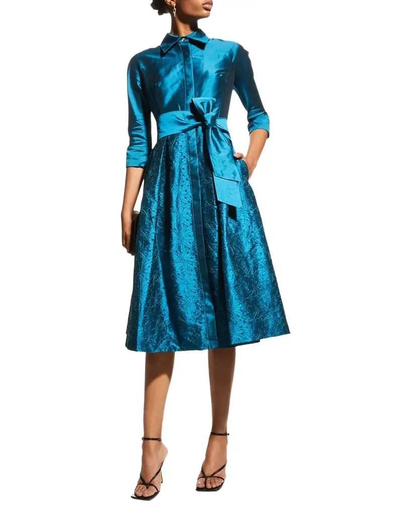 Rickie Freeman for Teri Jon Taffeta Shirt Dress w/ Eyelet Skirt