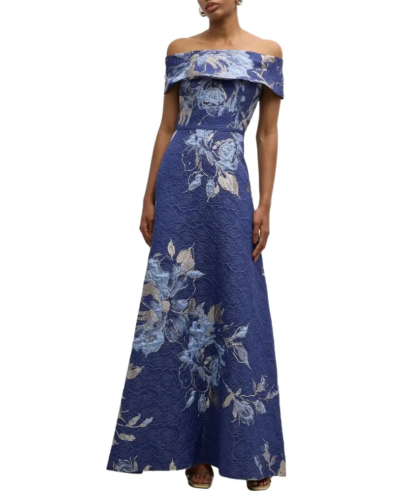 Rickie Freeman for Teri Jon Off-Shoulder Metallic Flower Jacquard Gown