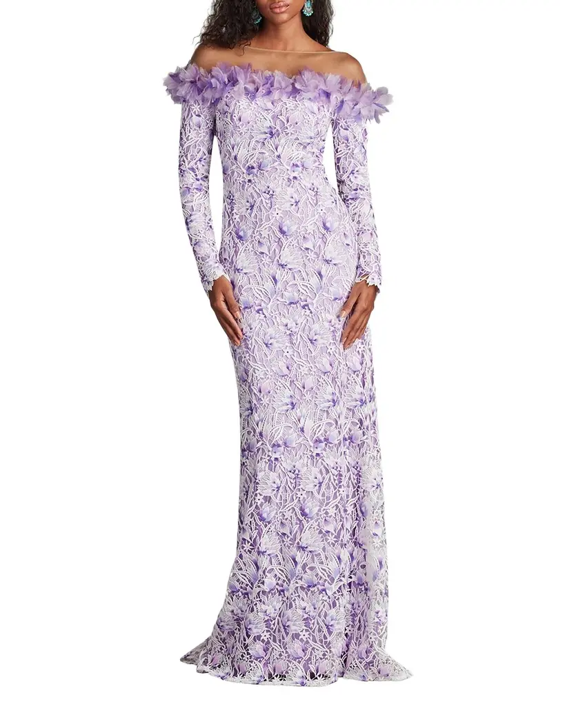 Tadashi Shoji Off-Shoulder Illusion Floral Lace Gown