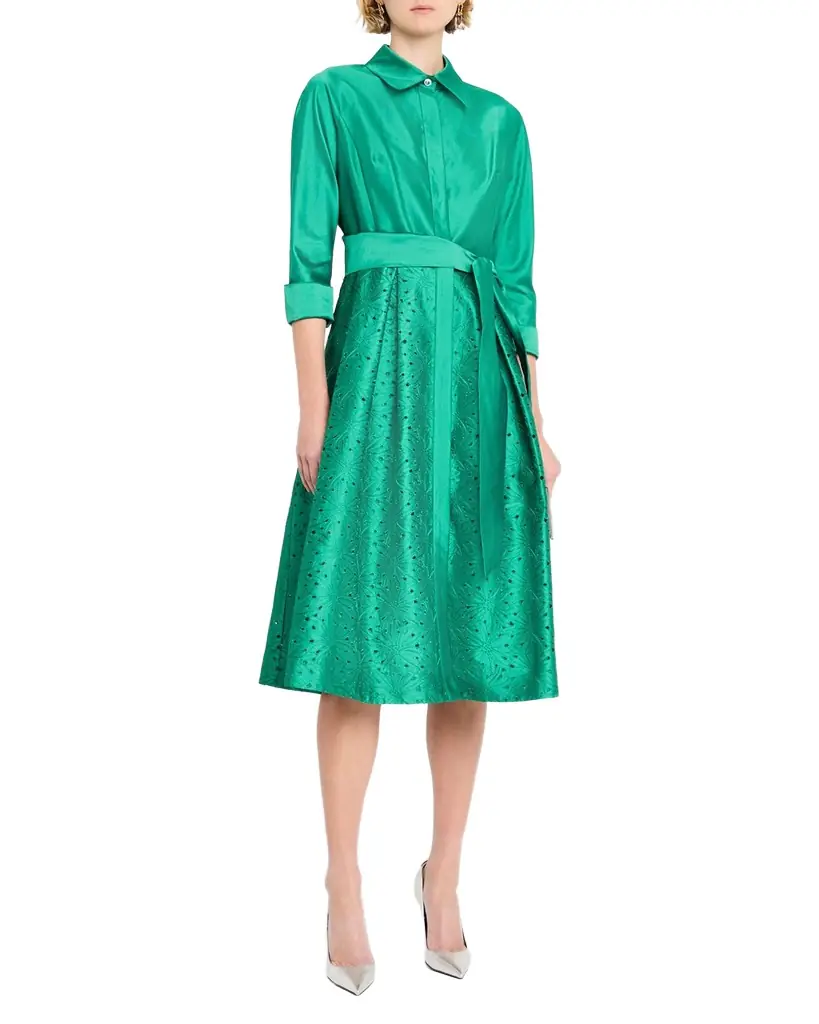Rickie Freeman for Teri Jon Eyelet Embroidered Taffeta Midi Shirtdress