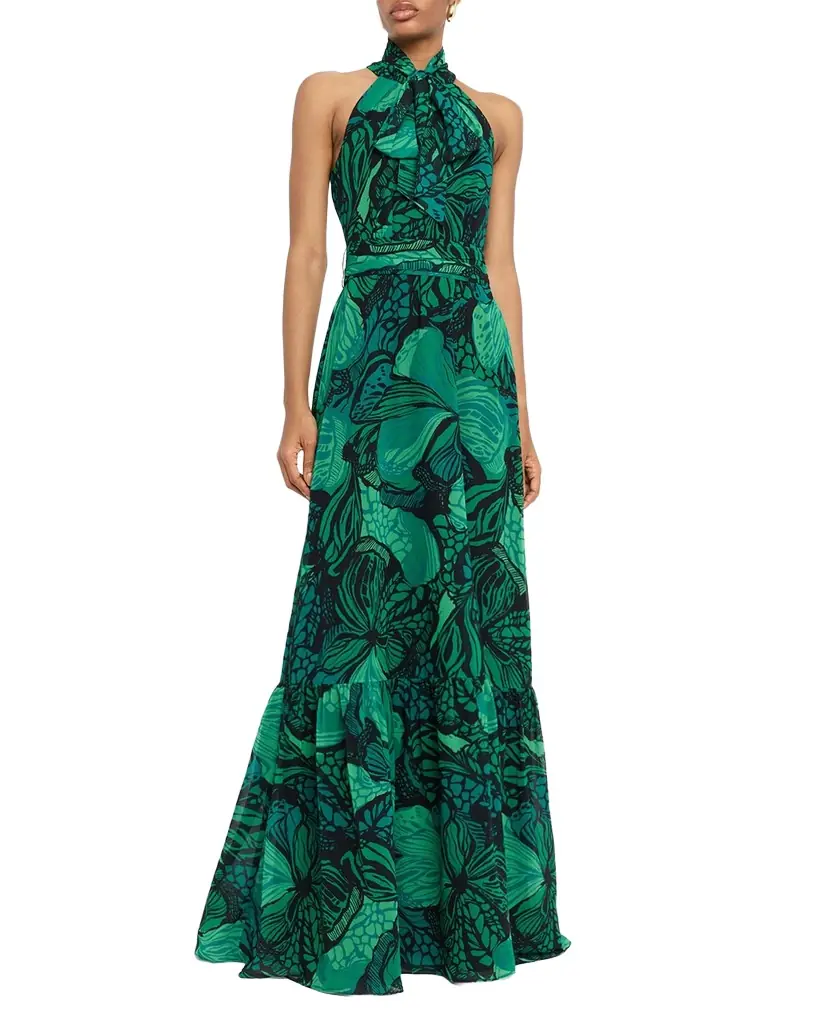 Rickie Freeman for Teri Jon Floral-Print Chiffon Halter Gown