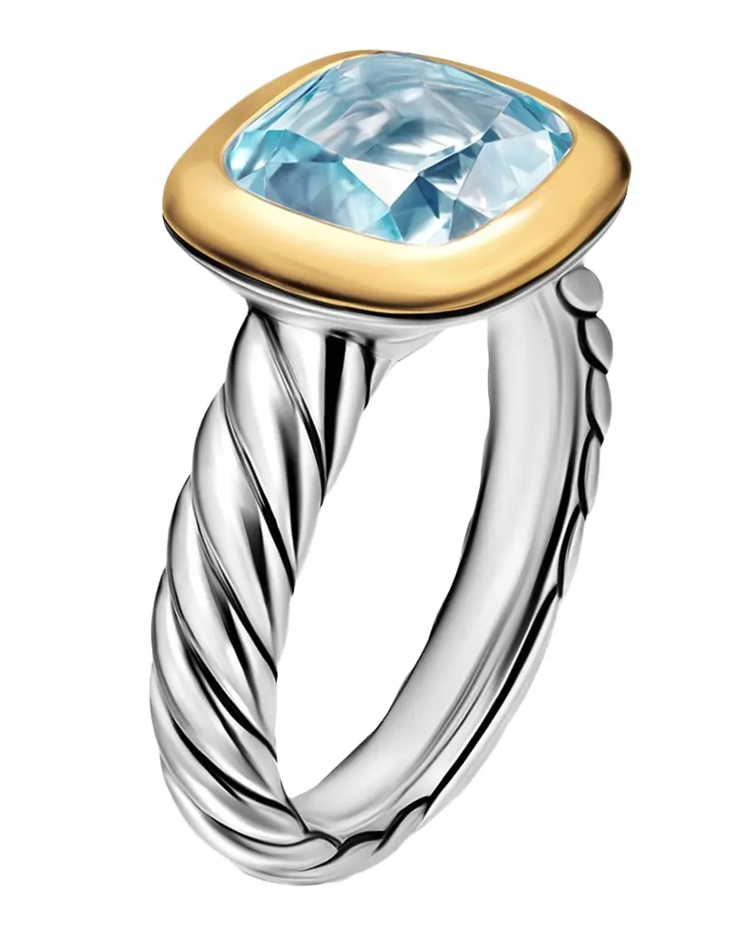 David Yurman DY Mercer Color Stone Ring with Sky Blue Topaz in Silver and 18K Gold, 10mm, Size 8