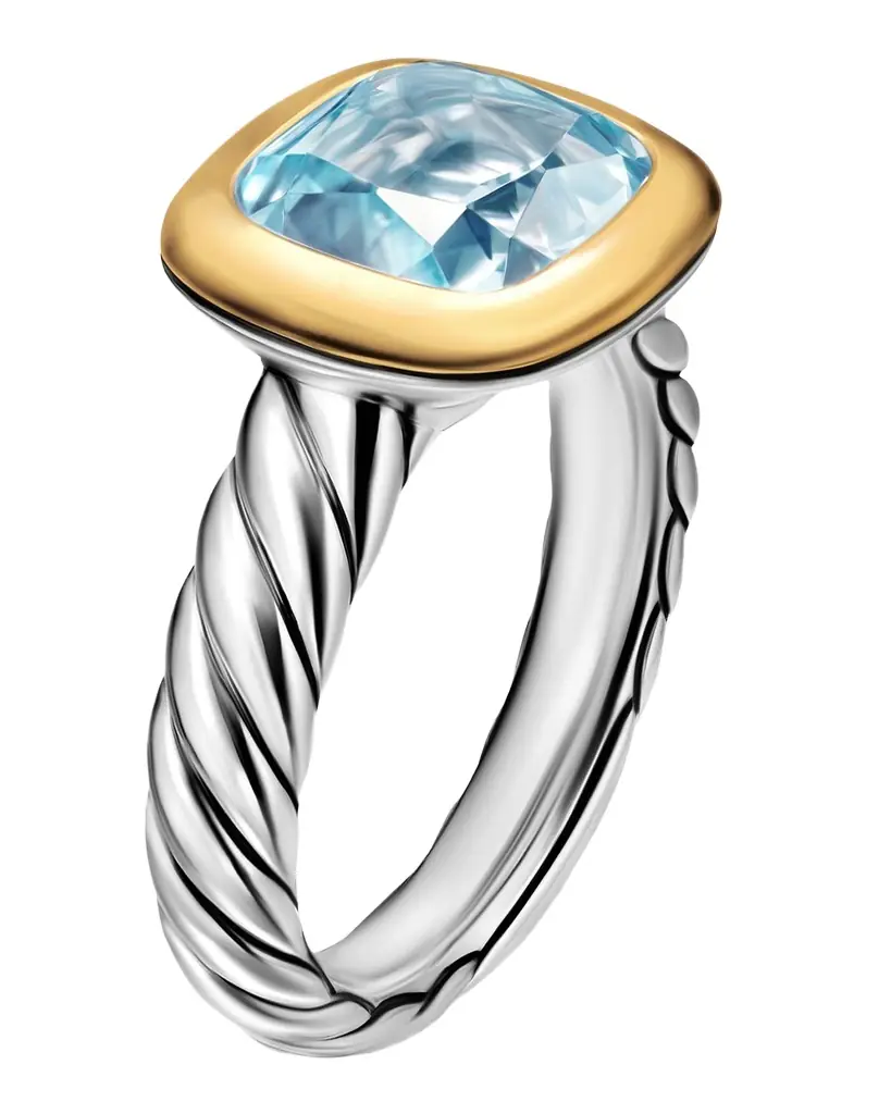 David Yurman DY Mercer Color Stone Ring with Sky Blue Topaz in Silver and 18K Gold, 10mm, Size 9