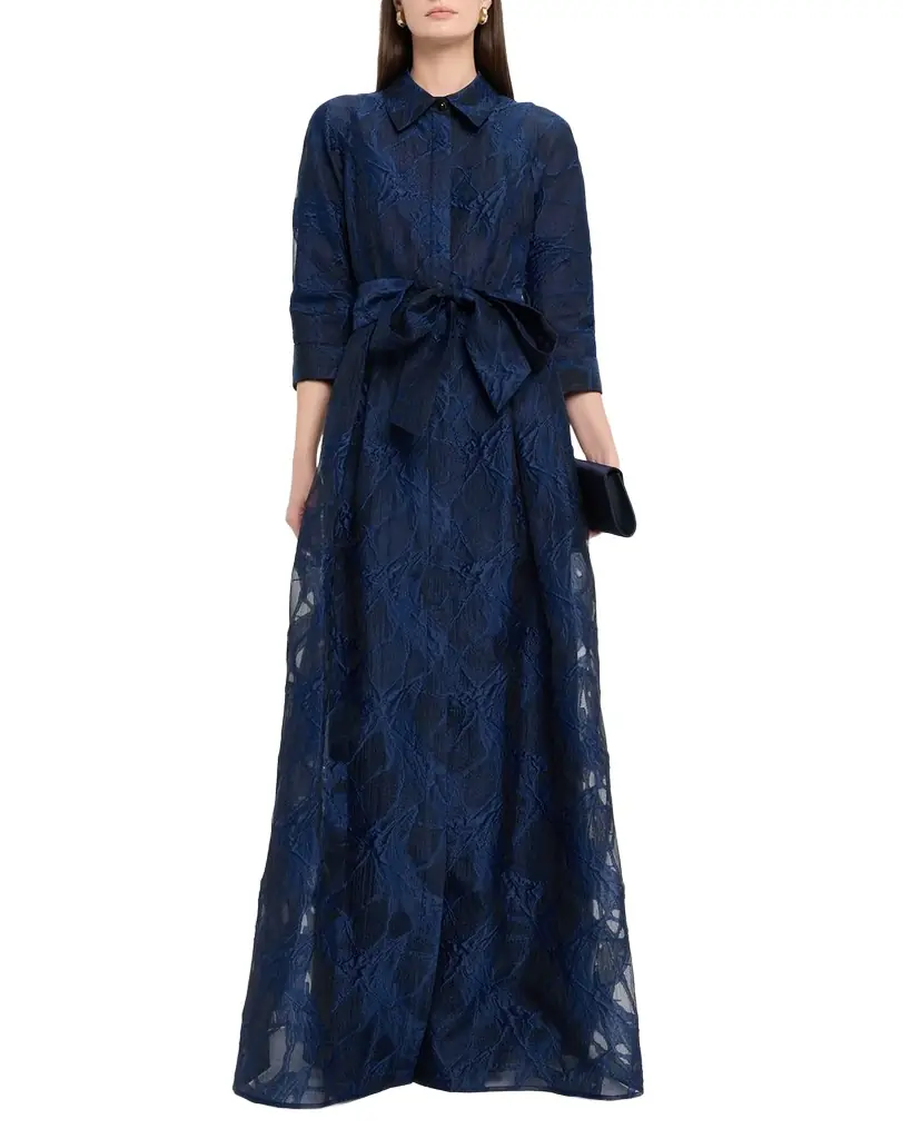Rickie Freeman for Teri Jon Tie-Waist Jacquard Organza Shirt Gown